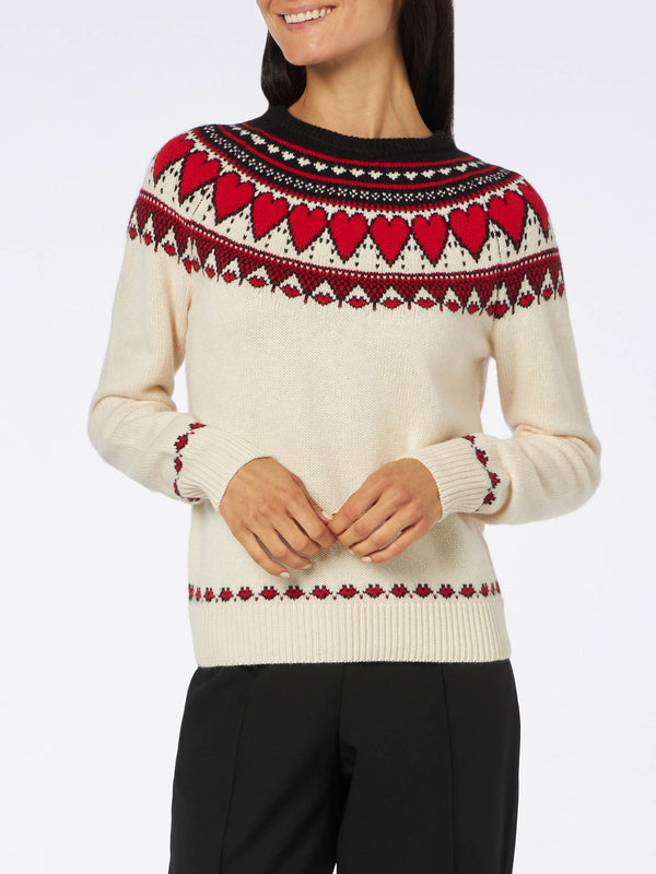 Maglione bianco da donna New Queen stampa cuori fair isle