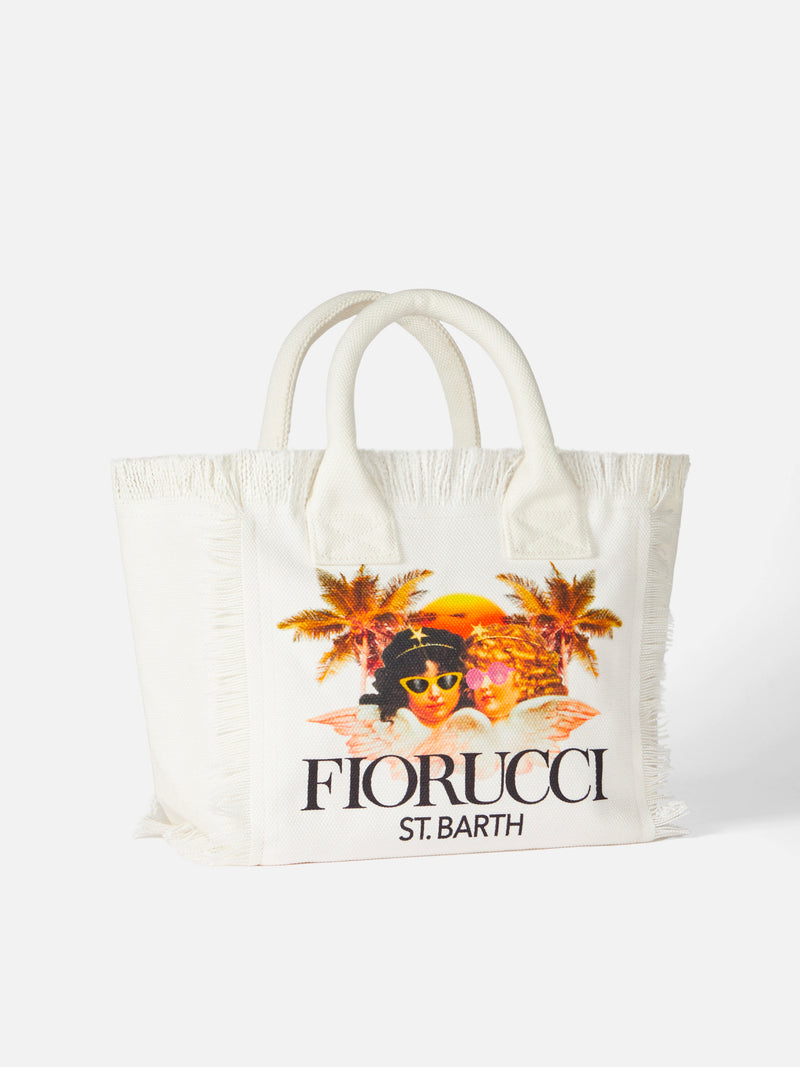 Borsa a mano Colette in tela di cotone bianca con stampa Angeli Fiorucci | FIORUCCI SPECIAL EDITION