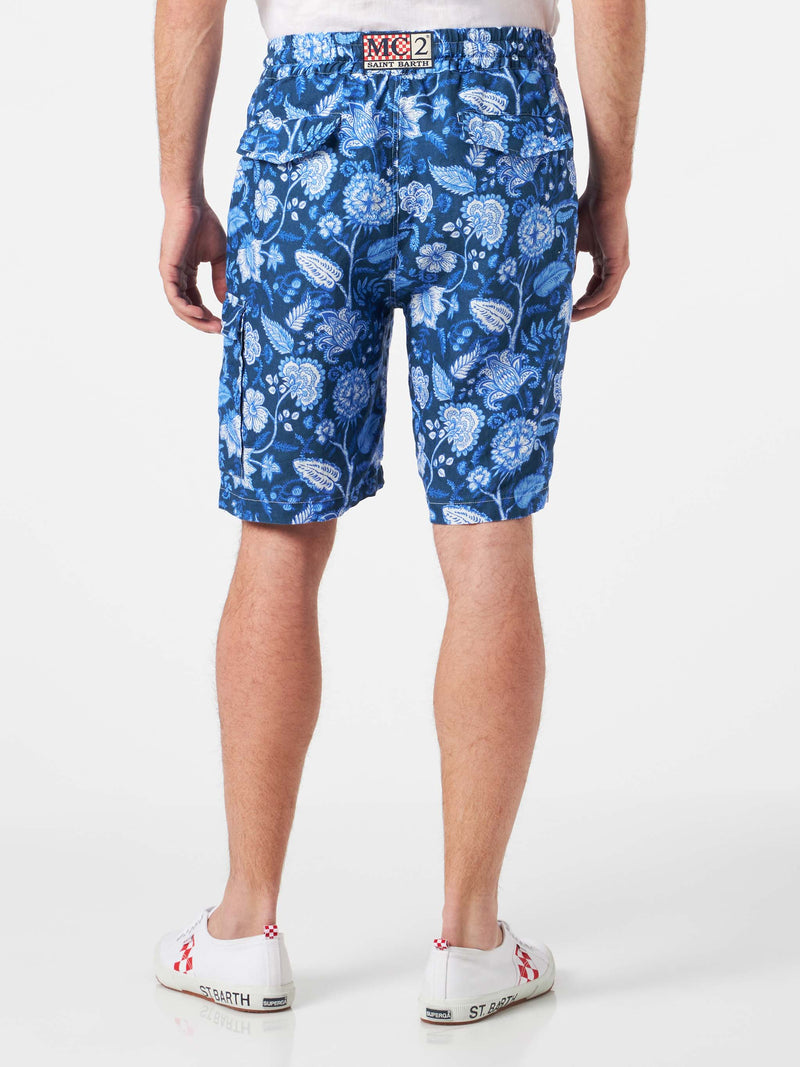 Man linen blue bermuda shorts with flower print