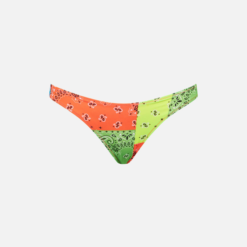 Woman cheeky swim briefs with fluo bandanna print