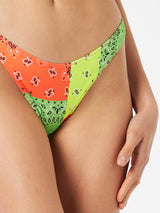 Woman cheeky swim briefs with fluo bandanna print