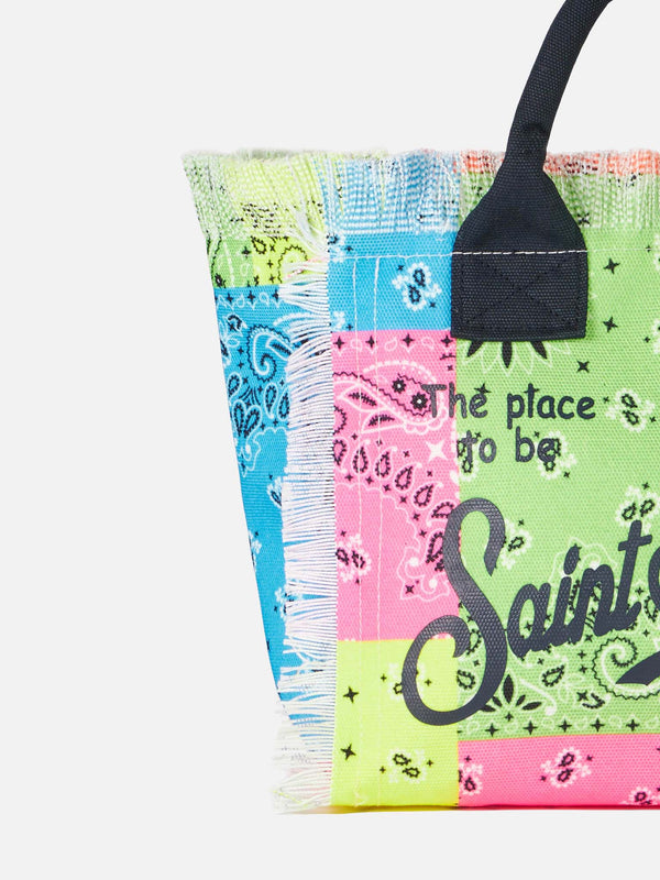 Borsa a mano Colette in canvas di cotone con stampa bandana fluo