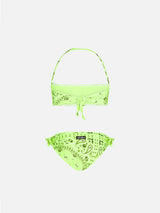 Bikini da bambina a fascia  con stampa bandana giallo fluo