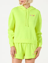 Fluogelber Kapuzenpullover mit St. Barth-Stickerei