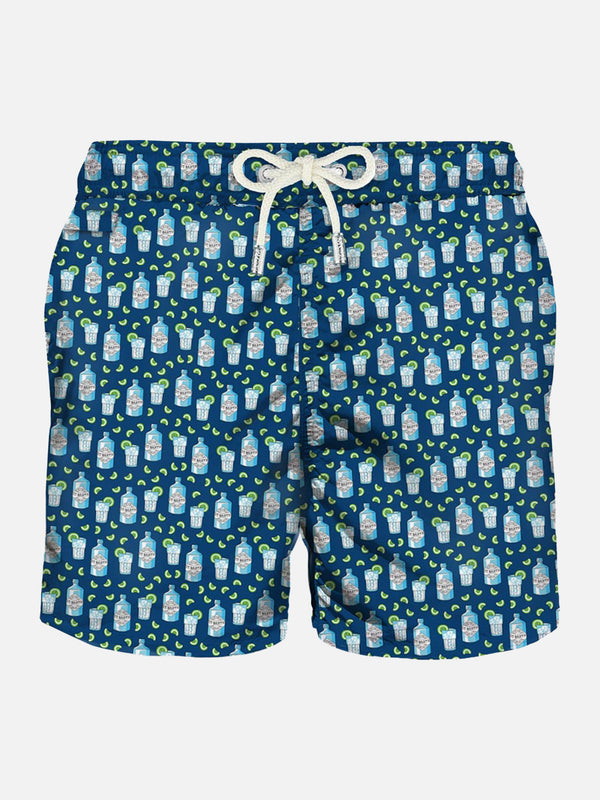 Man light fabric swim shorts with gin bottle print