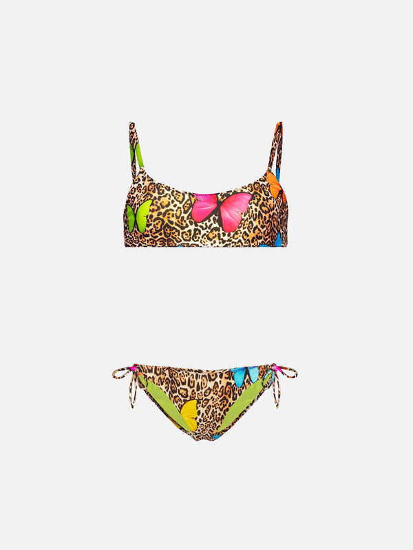 Bikini da bambina stampa animalier con farfalle