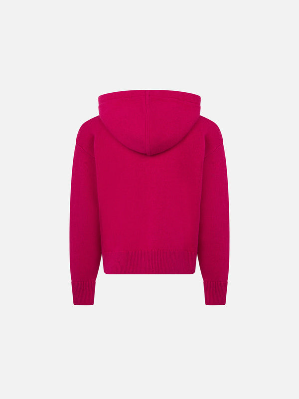 Maglia corta fucsia da bambina con cappuccio e strass