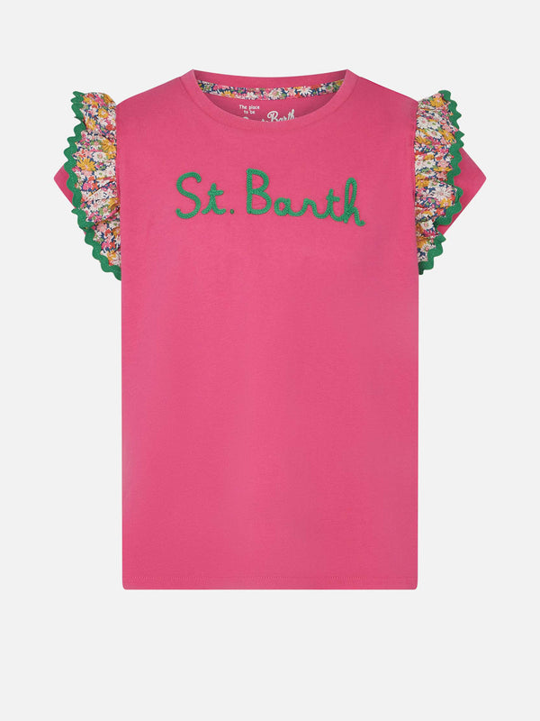 T-shirt da bambina in cotone con balza e ricamo