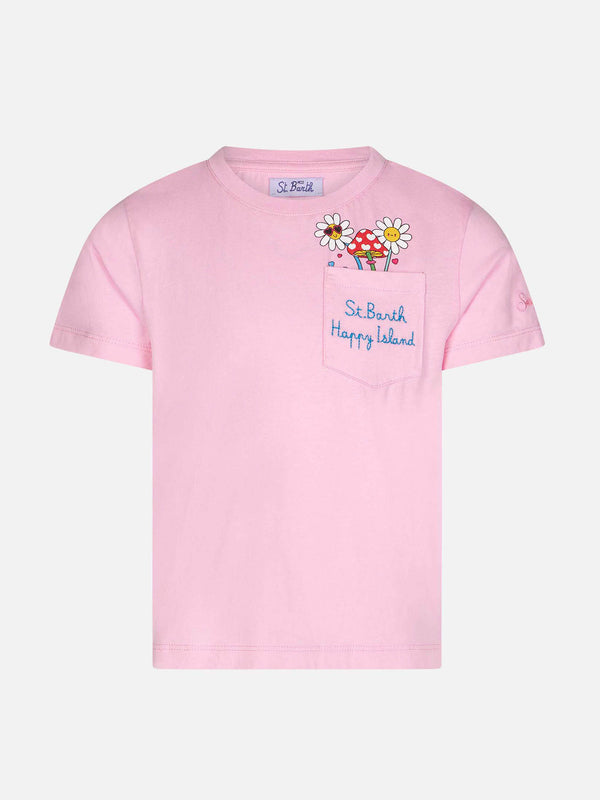 Baumwoll-T-Shirt für Mädchen mit St. Barth Happy Island-Stickerei