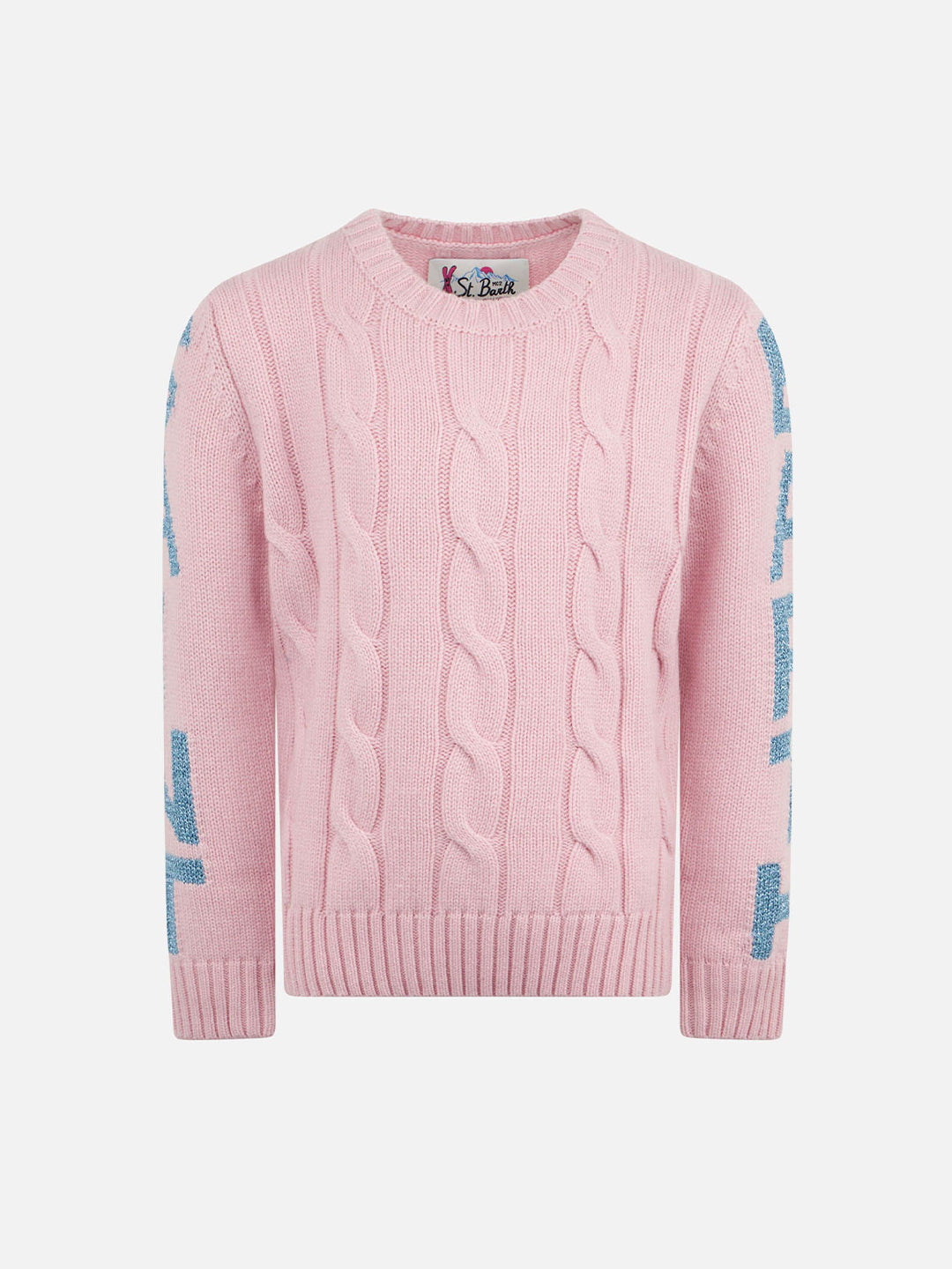 Geflochtener Mädchenpullover mit Rundhalsausschnitt und Saint-Barth-Lurex-Print