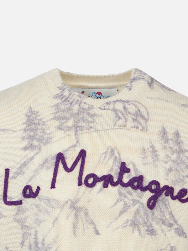 Girl crewneck  toile de jouy sweater with La Montagne embroidery