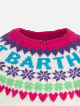 Girl crewneck white sweater with fair isle heart print