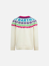 Girl crewneck white sweater with fair isle heart print