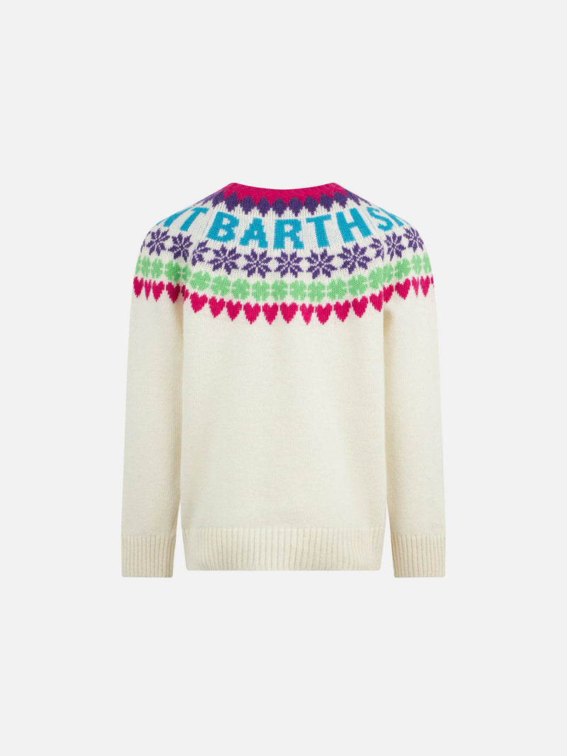 Girl crewneck white sweater with fair isle heart print