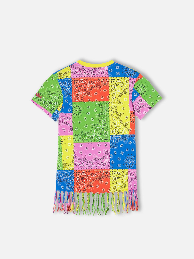 Girl cotton dress with fluo bandanna print