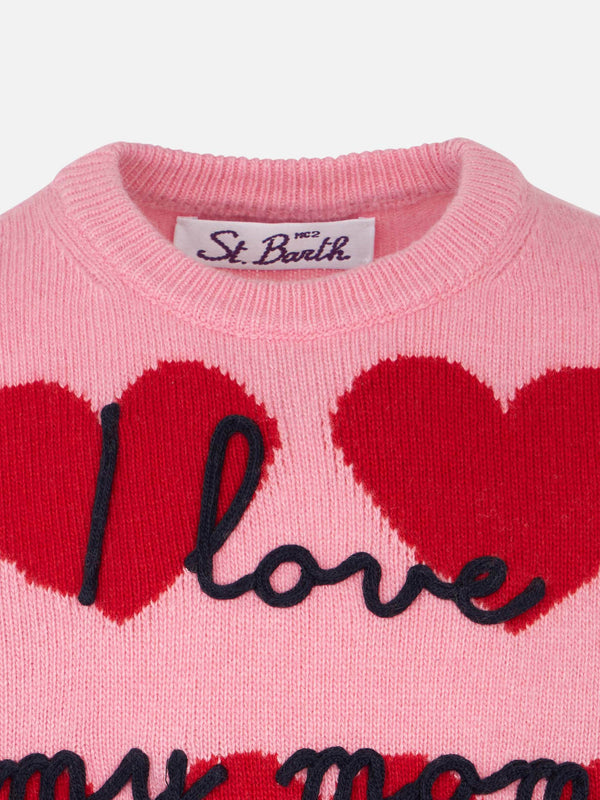 Girl sweater with hearts print and  I Love my Mom embroidery