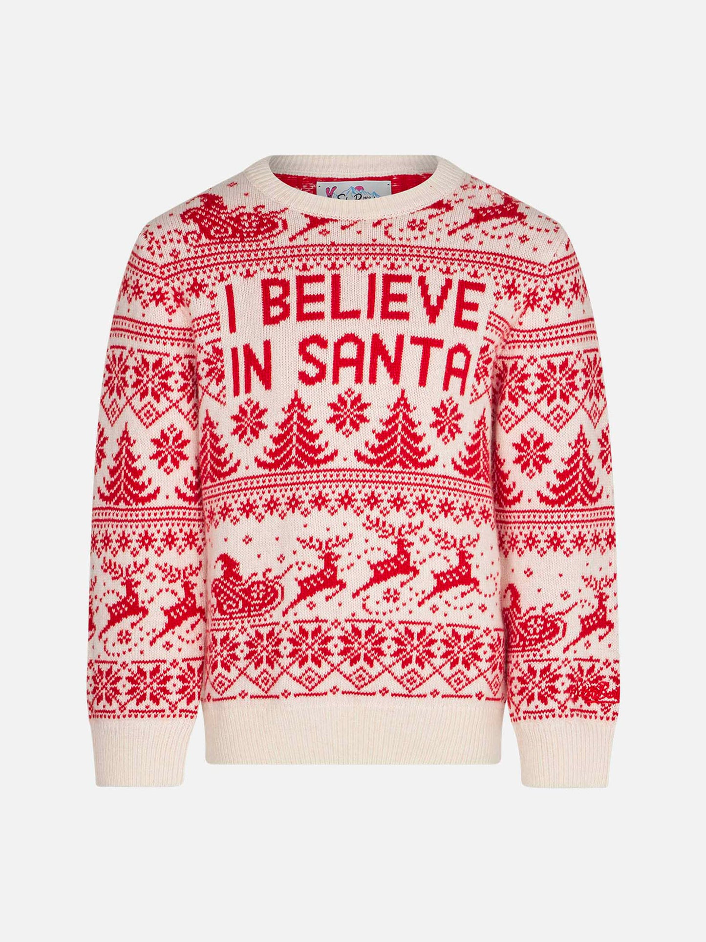 Mädchenpullover mit Jacquardmuster „I believe in Santa“
