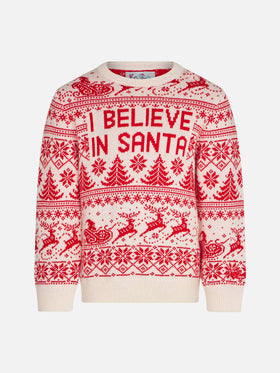 Mädchenpullover mit Jacquardmuster „I believe in Santa“