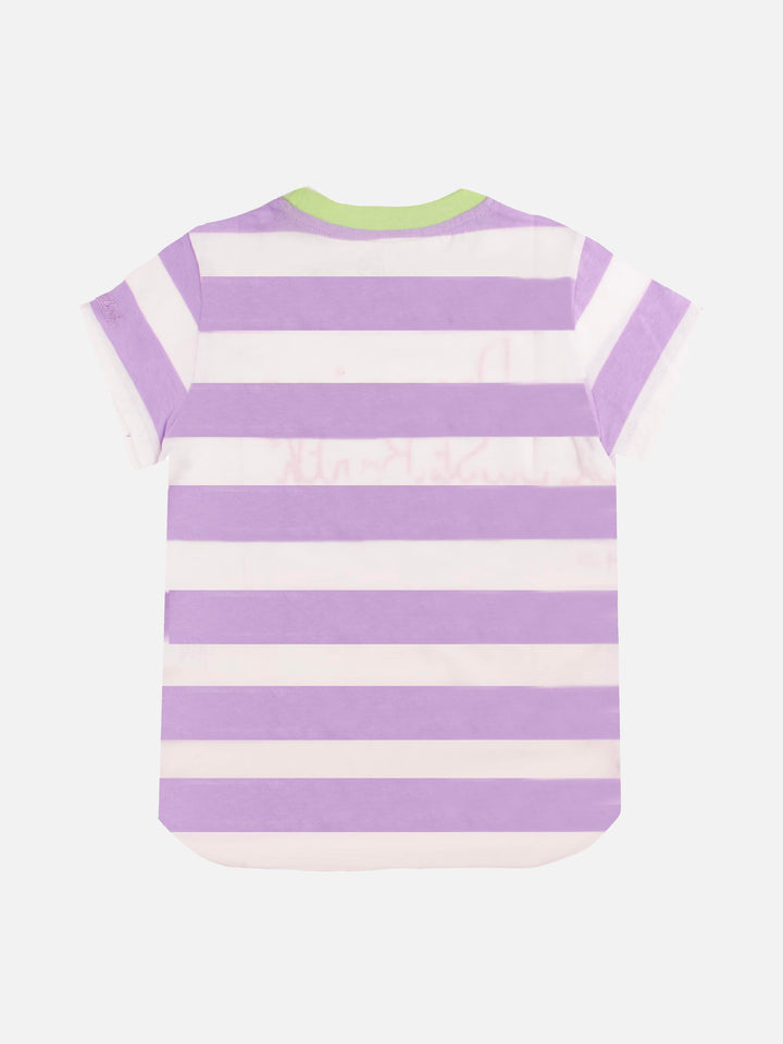 Rosa-weiß gestreiftes Mädchen-T-Shirt mit aufgesticktem Schriftzug
