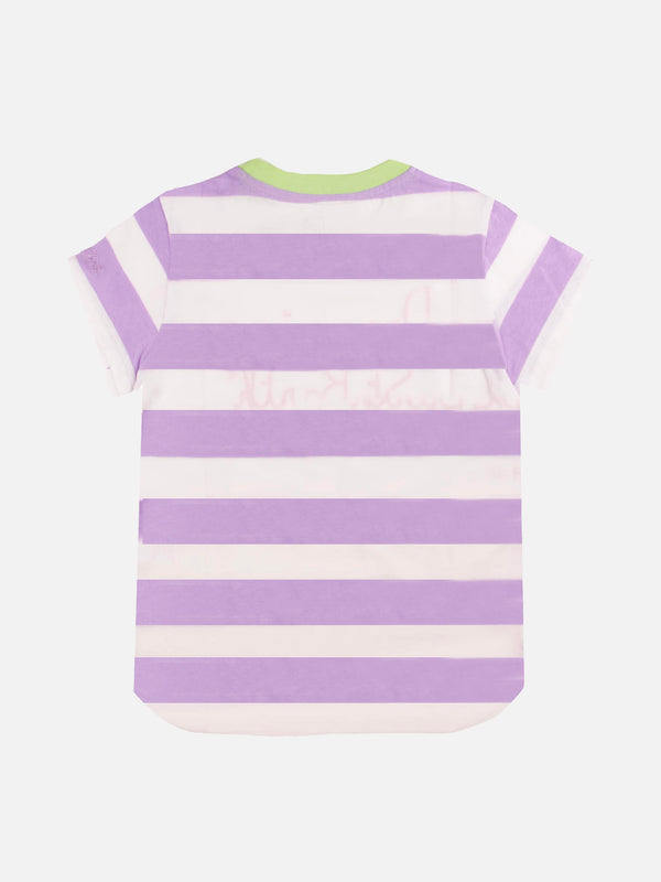 T-shirt da bambina a righe rosa e bianche con scritta ricamata