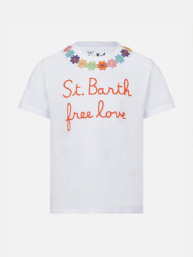 T-shirt da bambina con ricamo margherita e patch