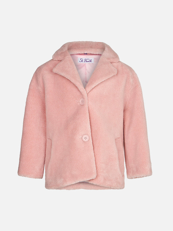 Cappotto da bambina in tessuto teddy rosa 