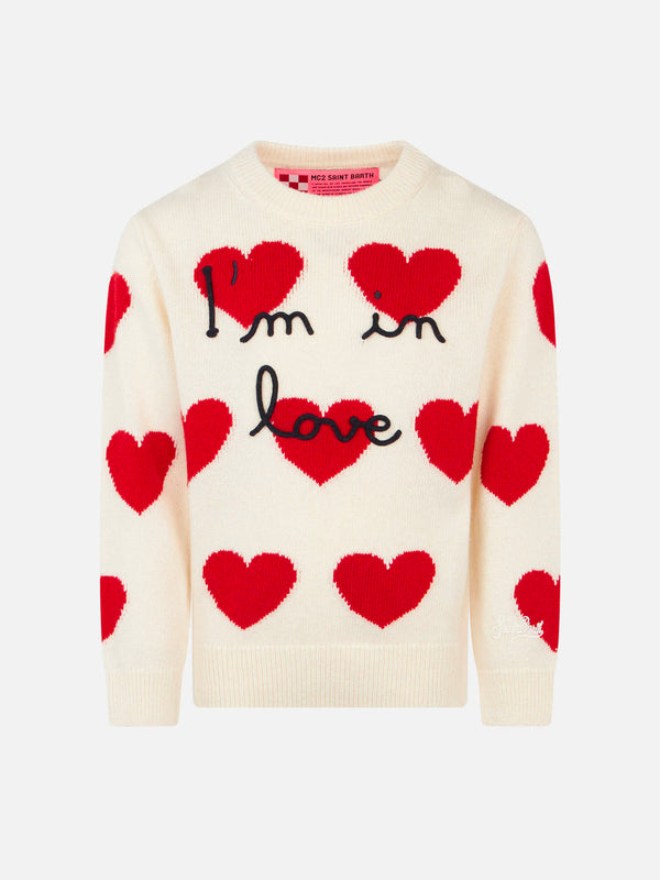 Girl white sweater with heart jacquard print