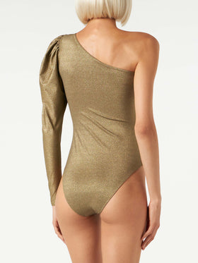 Knitted glitter gold one shoulder swimsuit / bodywear - MC2 Saint Barth