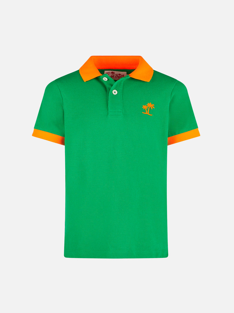 Grünes Piquet-Polo für Jungen mit orangefarbenem St. Barth-Logo