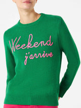 Green sweater Weekend j'arrive fluo pink embroidery