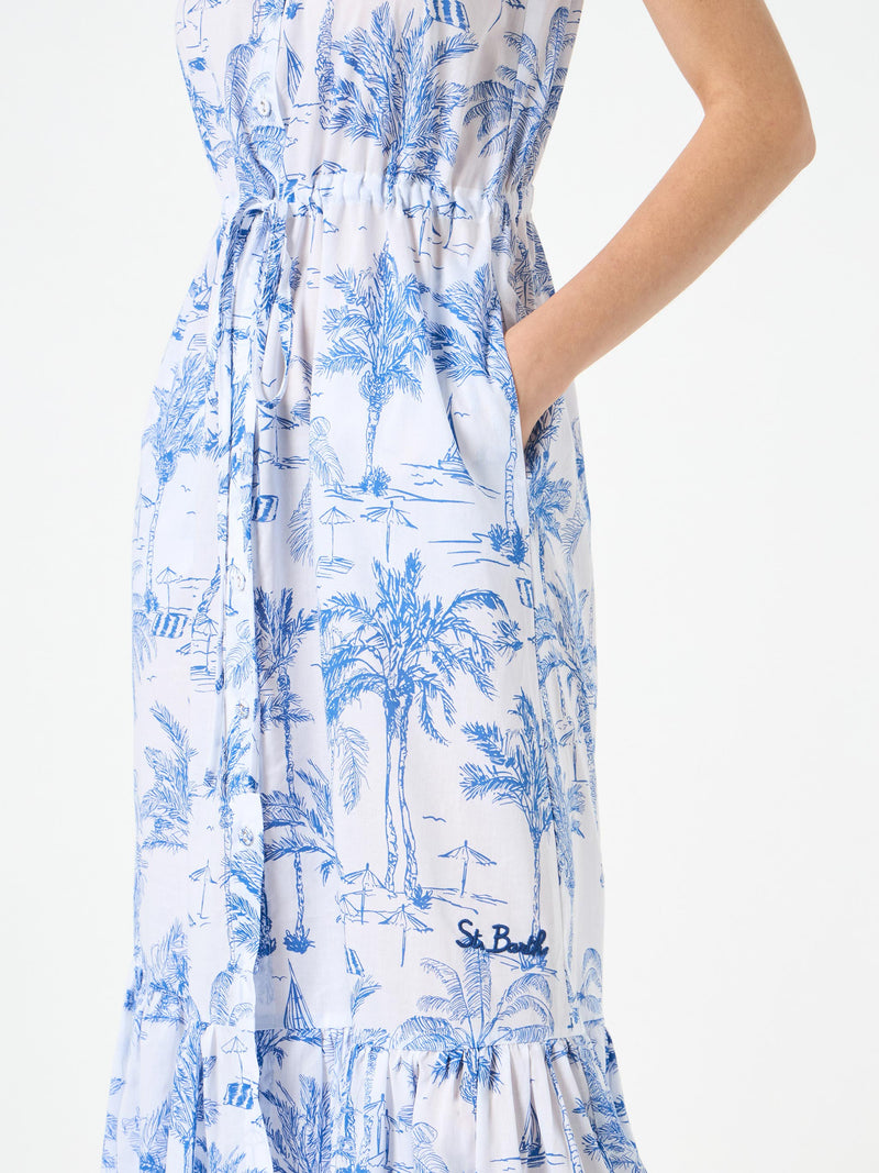 Woman halterneck dress with toile de jouy print