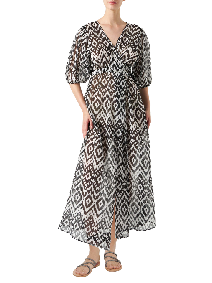Langes Kleid Bliss aus Baumwolle und Seide mit Ikat-Print