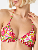 Woman triangle top swimsuit with ikat print