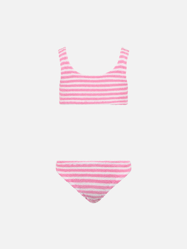 Bikini classico crinkle da bambina a righe rosa Baker