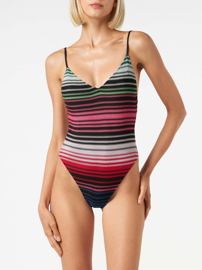 Woman one piece swimsuit with stripes