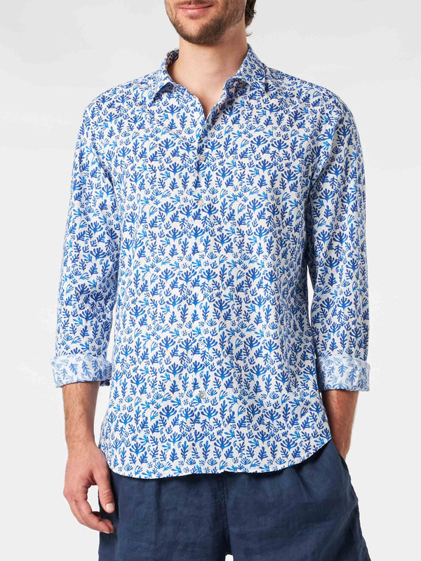 Man muslin cotton Sikelia shirt with blue leaves print