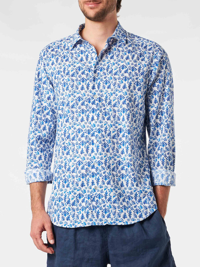 Camicia da uomo Sikelia in mussola di cotone con stampa foglie blu