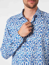 Man muslin cotton Sikelia shirt with blue leaves print