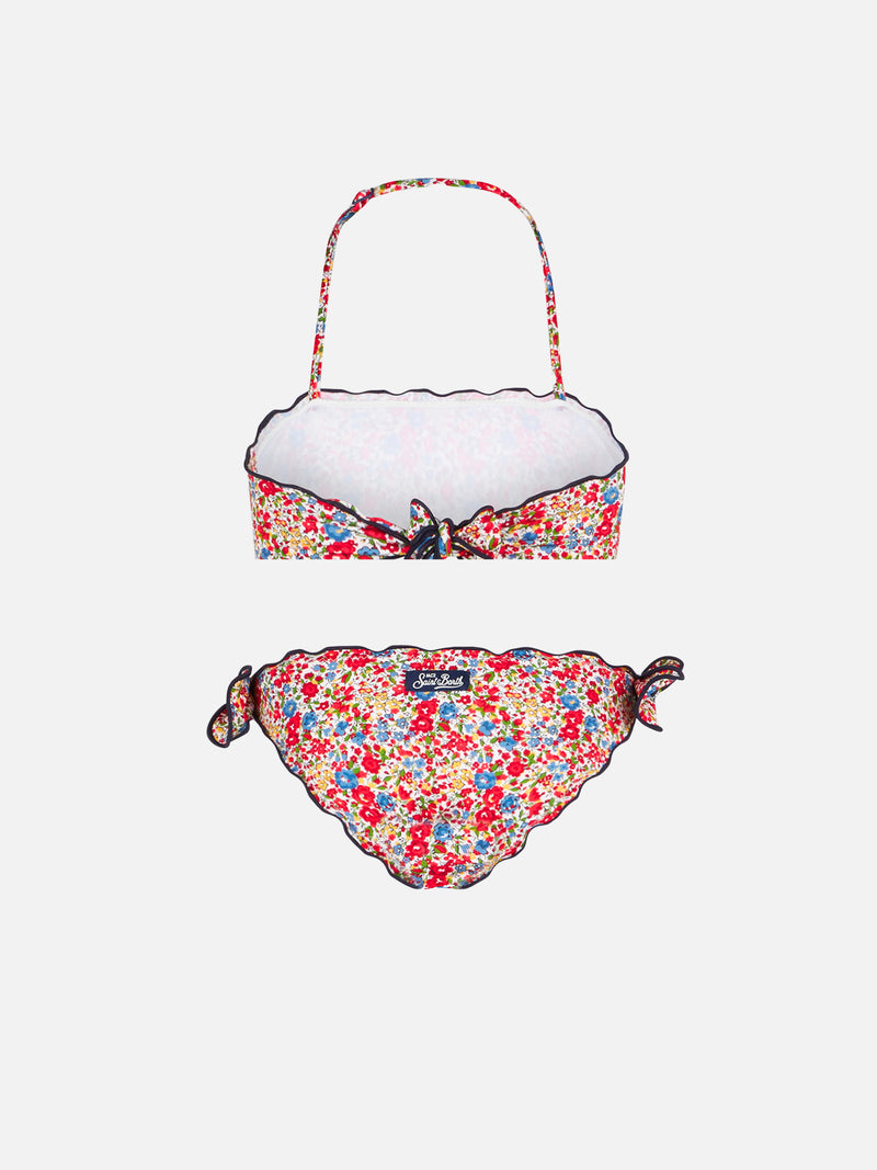 Bikini da bambina a fascia con stampa fiori multicolore