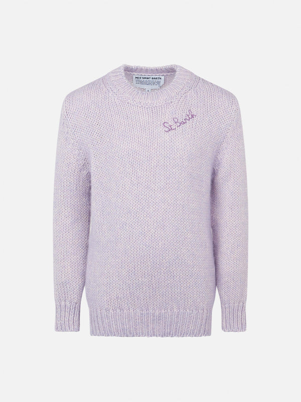 Girl crewneck lilac soft sweater with St. Barth embroidery