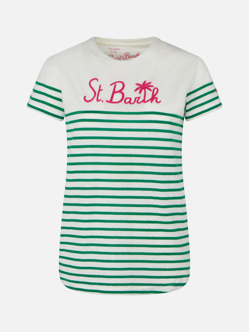 Grün gestreiftes Baumwoll-T-Shirt mit St. Barth-Stickerei