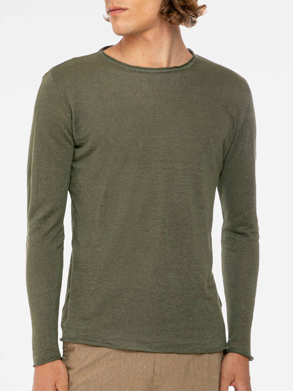 Military green Linen Man T-Shirt long sleeves