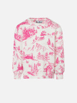 Mädchen-Sweatshirt mit Rundhalsausschnitt und Toile-de-Jouy-Print