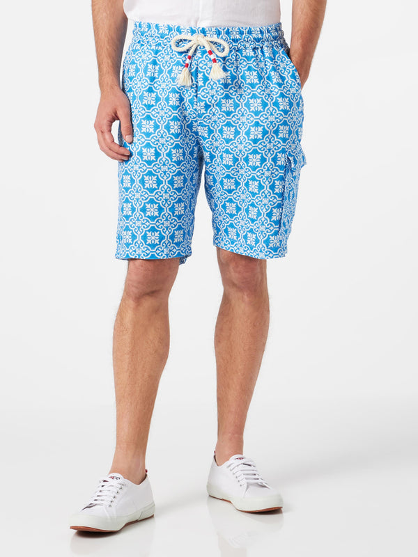 Man linen bermuda shorts with white and light blue majolica print