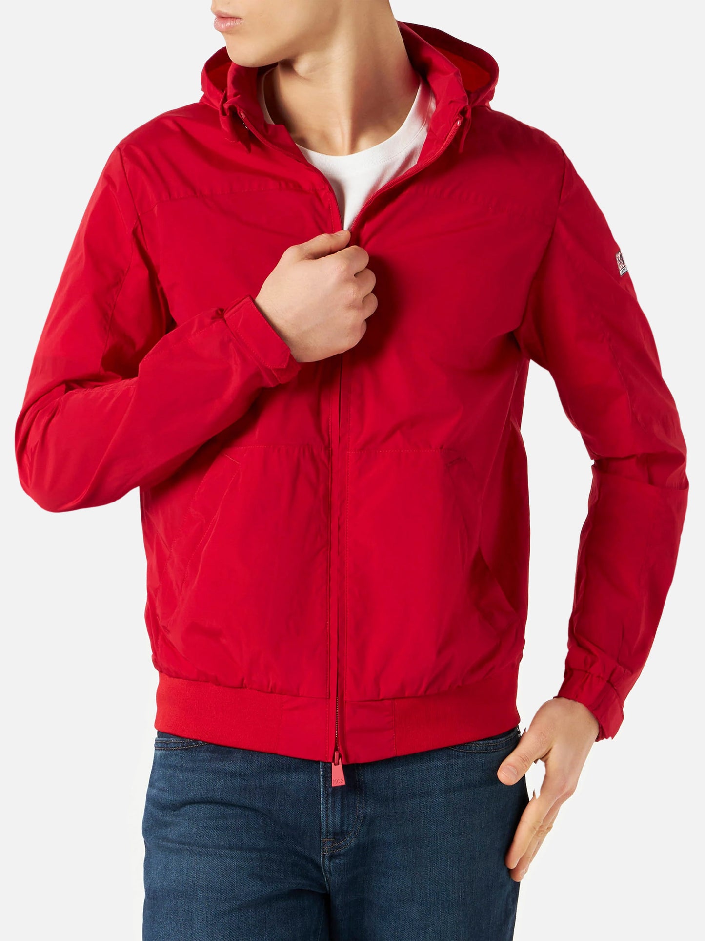 Red zipped midweight windbreaker