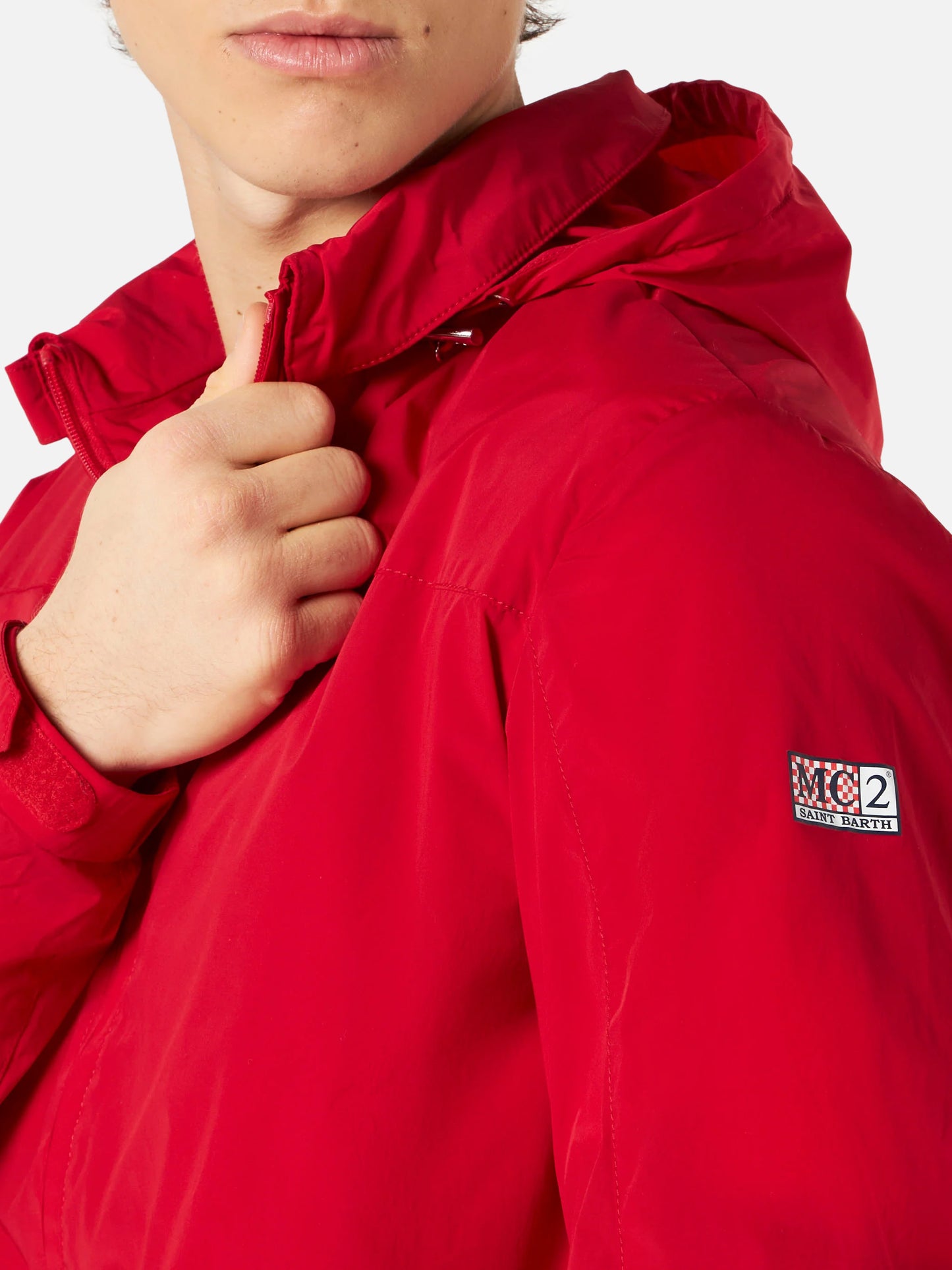 Red zipped midweight windbreaker