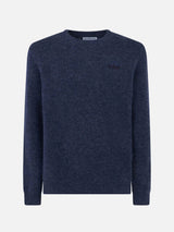 Man navy blue stretch wool sweater with St. Barth embroidery