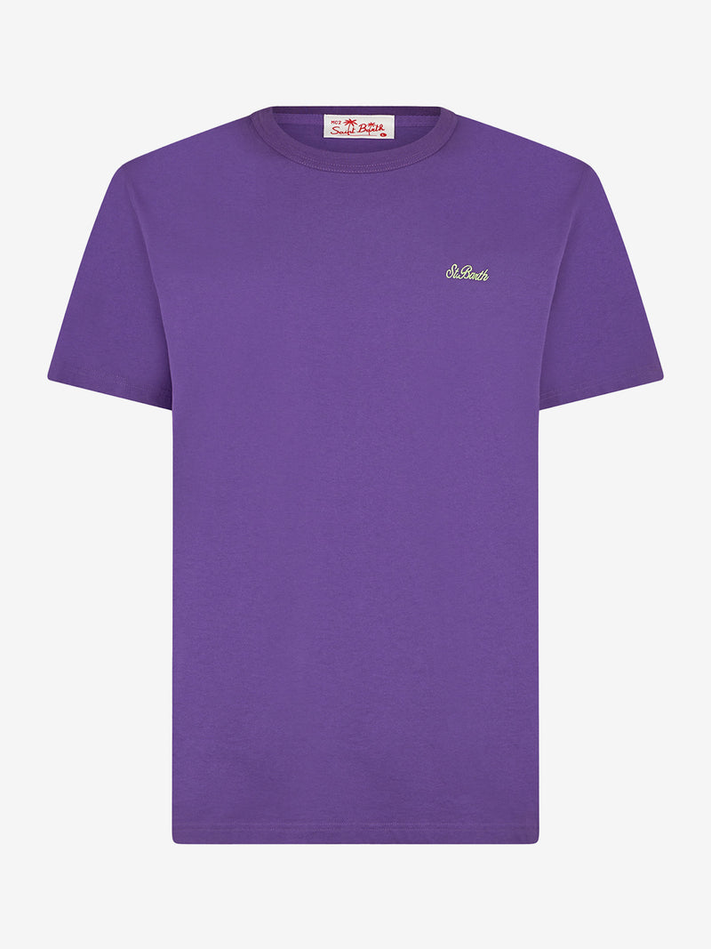 Man purple cotton t-shirt with embroidery