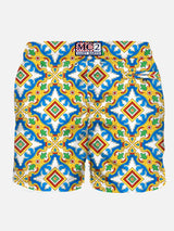 Man light fabric swim shorts with maiolica print