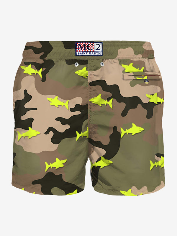 Man light fabric swim shorts with sharks embroidery